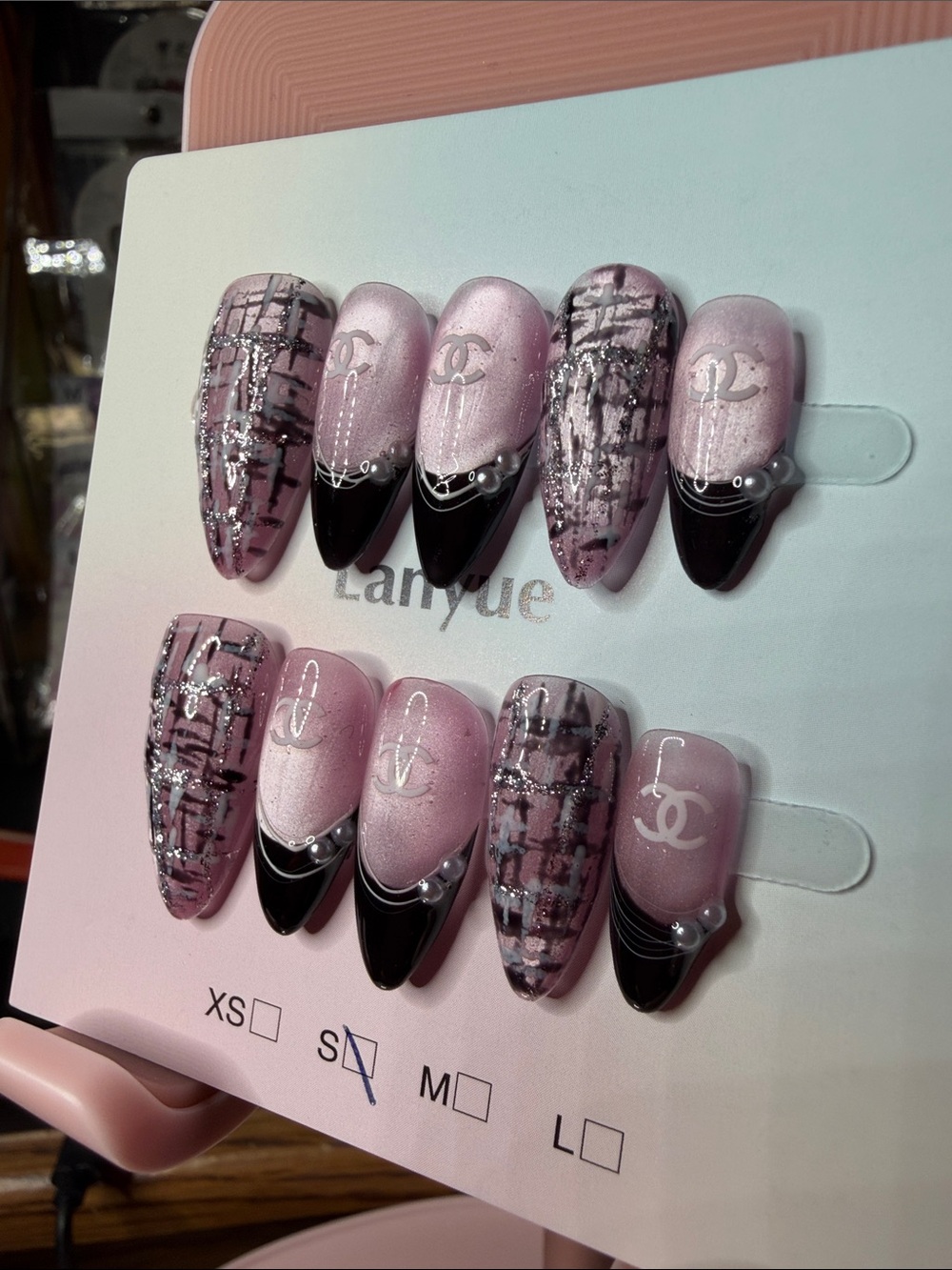 CHANEL Pink, Black & Silver Logo Accent Press-On Nail Set - Picture 2 of 3